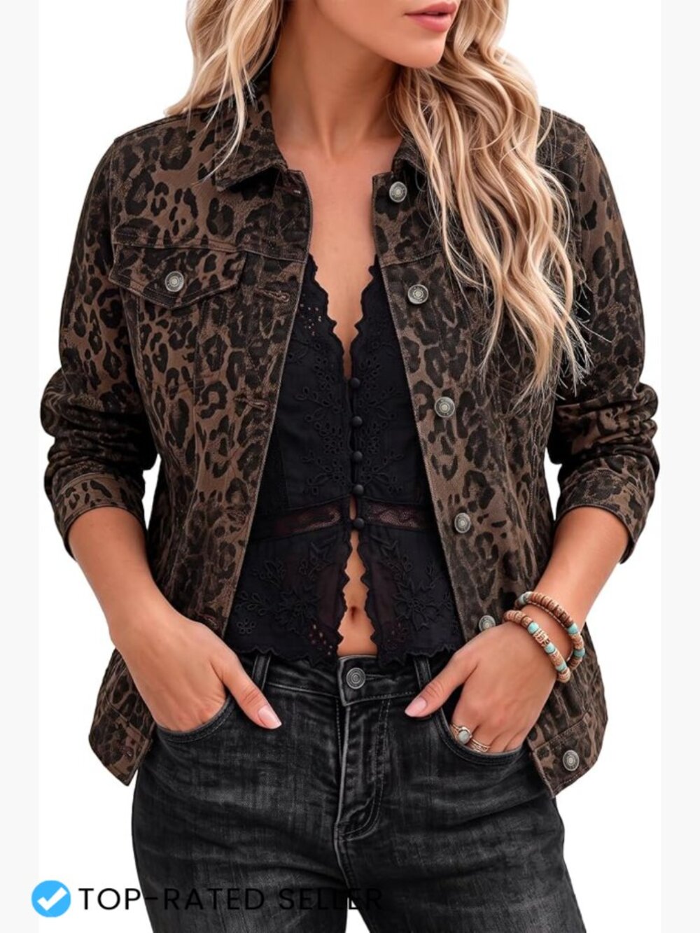 Leopard Print Jean Jacket Stretch Denim Casual Western Chic Button Front